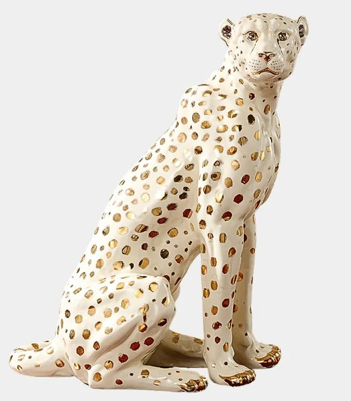 Ceramic Sculpture Leopard Gold White Hand Painted New Large