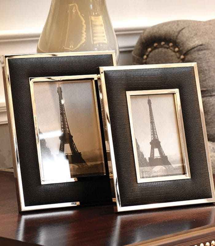 Photo Frame Black Faux Crocodile Leather and Stainless Steel