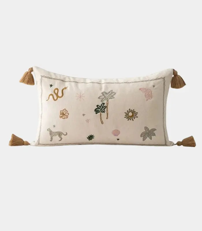 Sahara Embroidered Cushion Cover – Botanical Wildlife Tassel Design