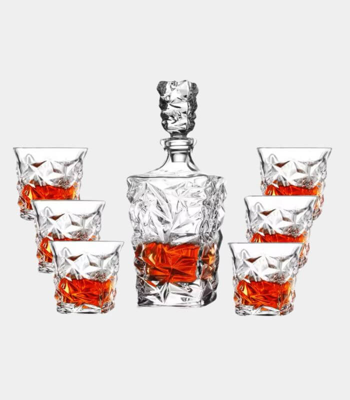 Diamond-Cut Crystal Whiskey Decanter Set with 6 Geometric Tumblers | 750ml Glass Spirits Decanter