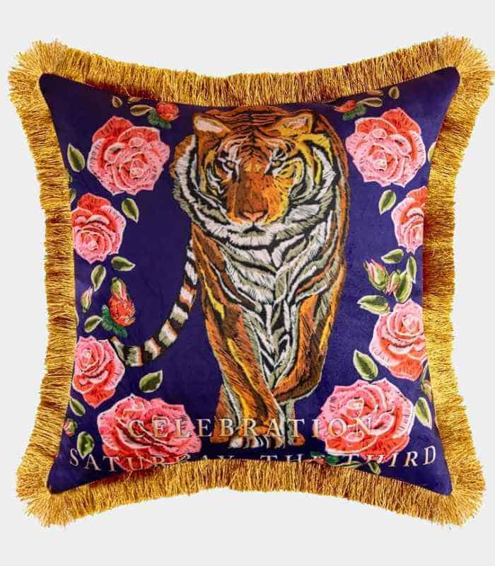 Leopard Velvet Decorative Cushion Cover Fringed Edge Square 45 cm Pink and Blue