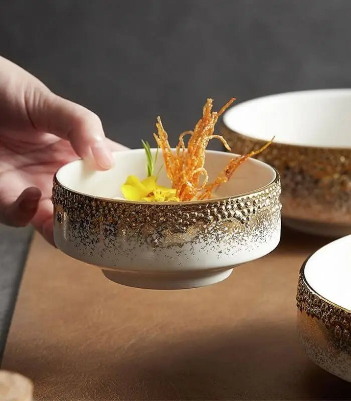Japanese Style Ceramic Round Dinnerware Set in Gold and White Bowl
