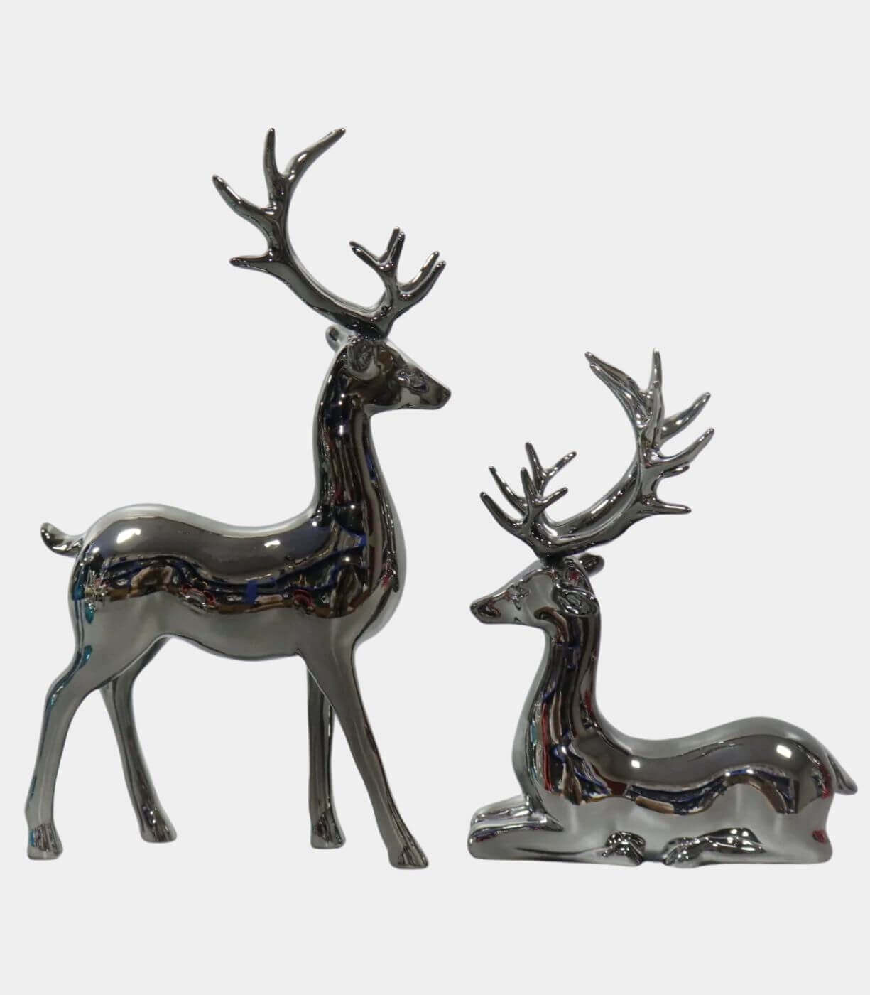 Set 2 Pcs Handcrafted Metallic Reindeer Decorative Figurines | Standing & Sitting Pair