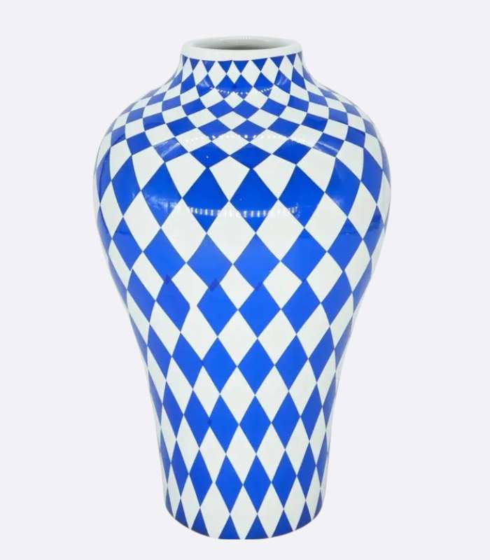 White and Blue Diamond Porcelain Vase | Modern Table Top Vase 25 cm