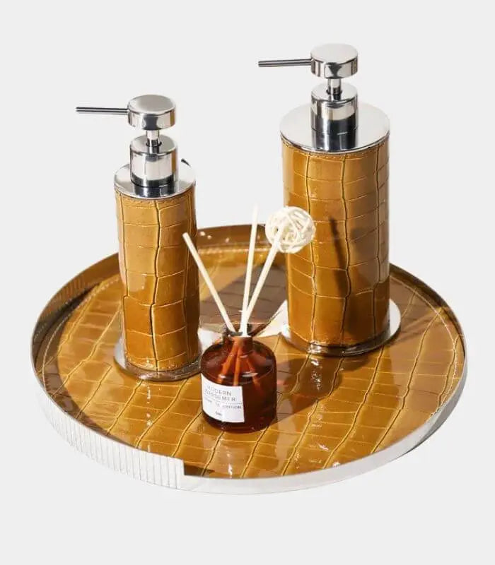 Delvaux Cognac Leather Soap Dispenser – Stainless Steel Accents, Two Sizes