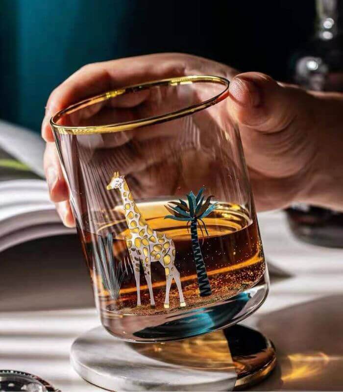 SAVANNA Gold-Rimmed Cocktail Glass - Hand-Decorated Safari Collection | Premium Whiskey Tumbler with African Wildlife Designs (390ml)