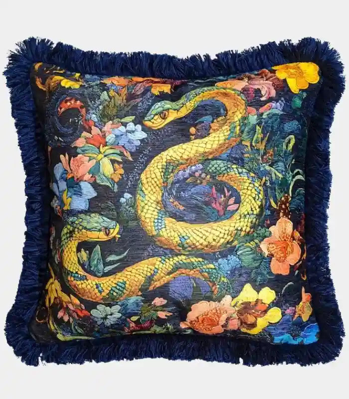 Serpent Garden Decorative Cushion Cover with Fringe Trim 45x45 cm