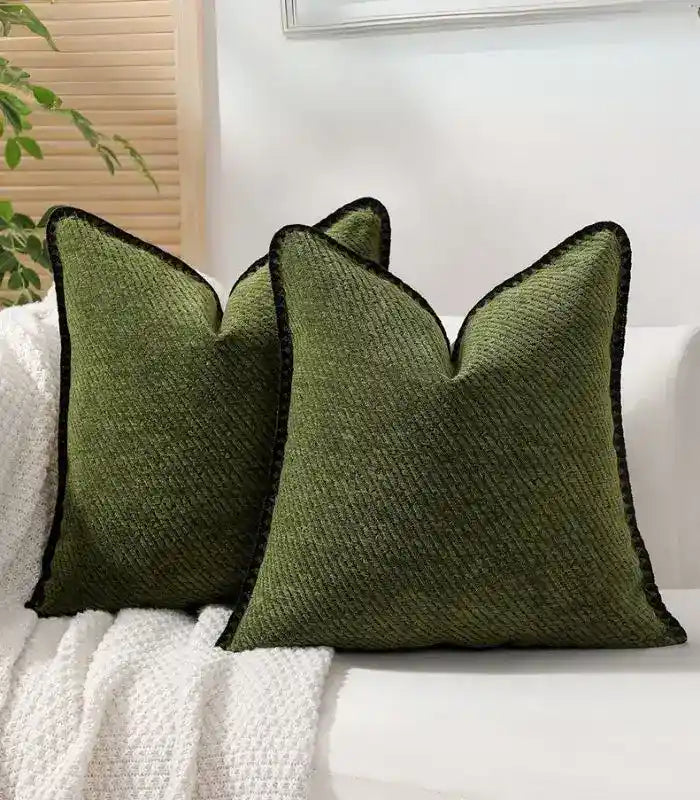 Verdant Moss Cushion Cover - Textured Jacquard with Contrast Piping Green