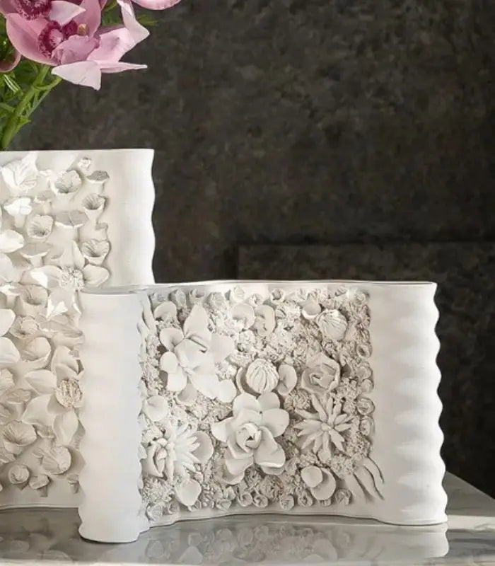 Handcrafted Curved Floral Relief Ceramic Vase – Botanical Sculpture 27 cm (10.63 in)