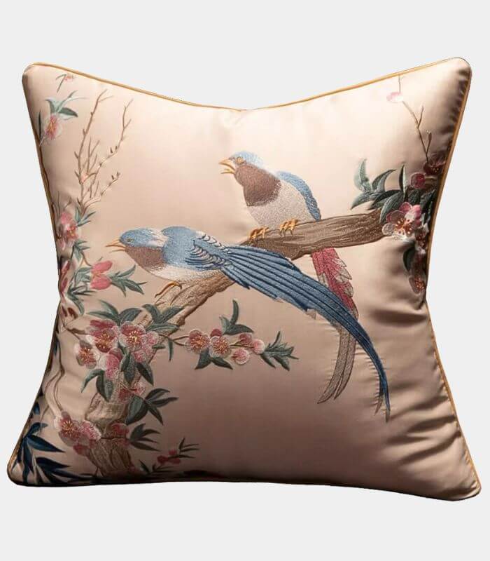 Handcrafted Oriental Bird Silk Satin Cushion Cover Embroidered Decorative Pillow Case 45 cm