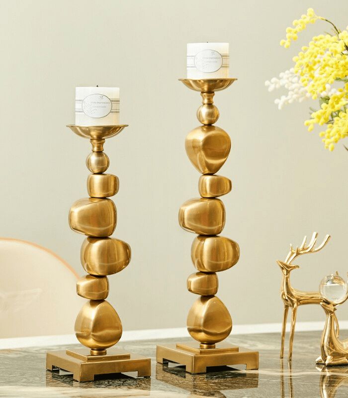Sculptural Gold-Tone Pillar Candle Holders - Organic Pebble-Inspired Shape