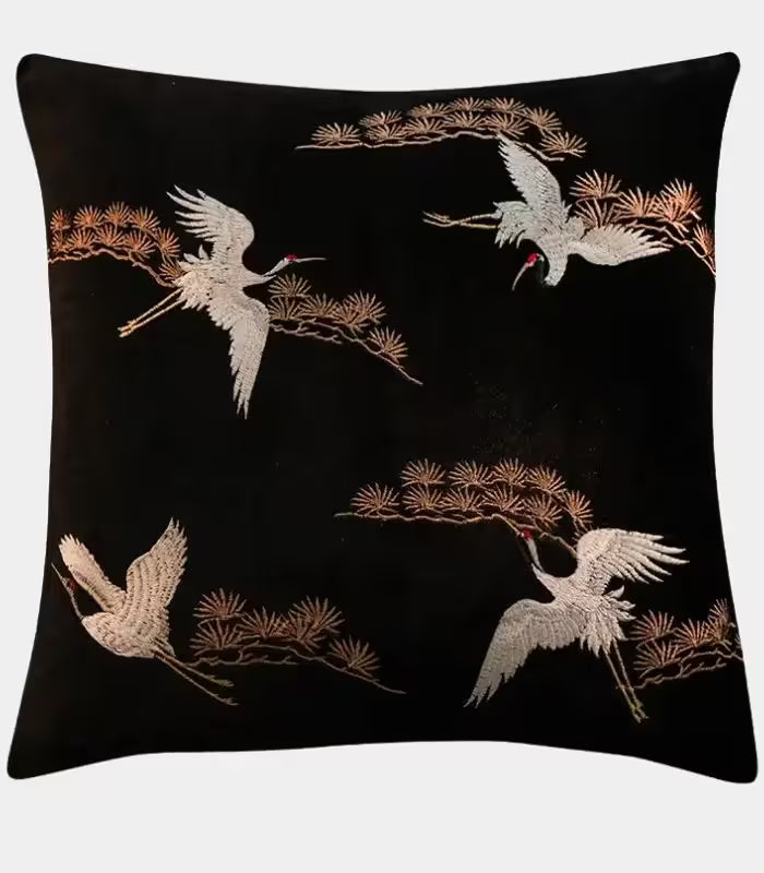 Embroidered Crane Velvet Cushion Cover – Japanese-Inspired Bird Design