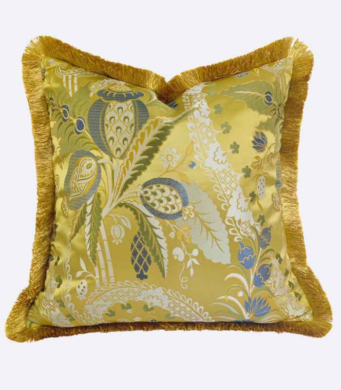 Fashion Gold Cushion Cover - Jacquard Woven Satin with Vintage Botanical Pattern with Fringe 45x45 cm