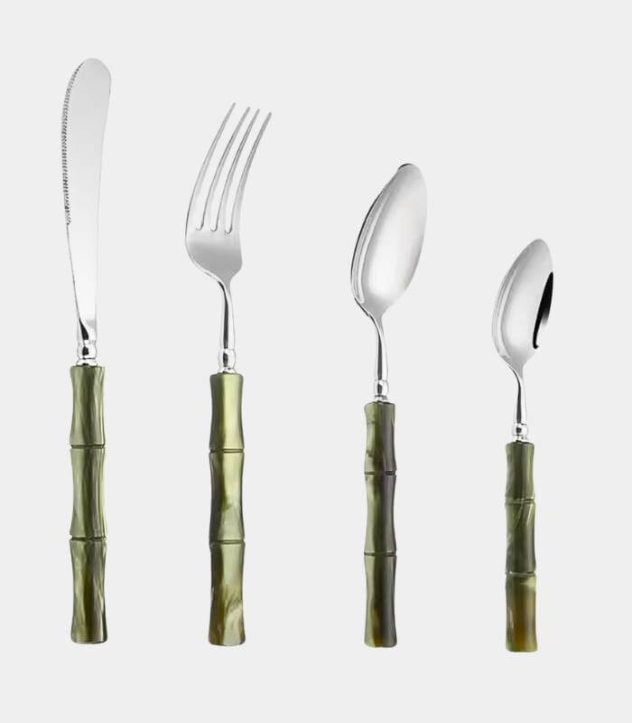 Emerald Bamboo Stainless Steel Cutlery Set | Designer Bamboo-Inspired Flatware with Acrylic Handles | Premium 24, 16 & 4 Piece Sets