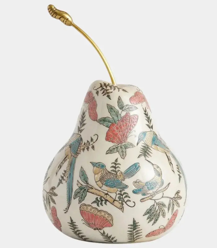Perrine Hand-Painted Ceramic Pear Sculpture – Bird & Butterfly Chinoiserie, Gold Stem
