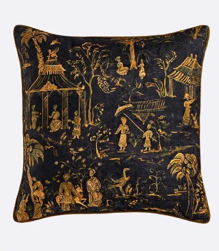 Luxurious Chinoiserie Chenille Cushion Cover - Opulent Gold on Black