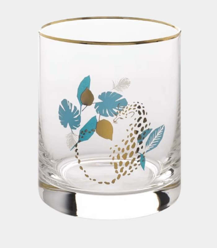 SAVANNA Gold-Rimmed Cocktail Glass - Hand-Decorated Safari Collection | Premium Whiskey Tumbler with African Wildlife Designs (390ml)