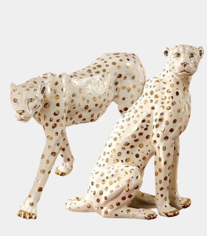 Ceramic Sculpture Leopard Gold White Hand Painted New Large