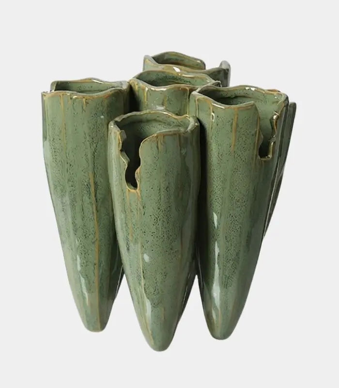 Jovienne Reactive-Glaze Porcelain Vase – Green Multi-Spout Sculptural Vessel, 2 Sizes