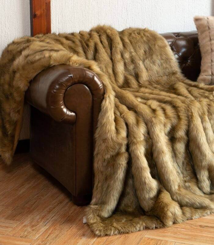 Faux Fur Throw Blanket Soft Thick Ochre Brown