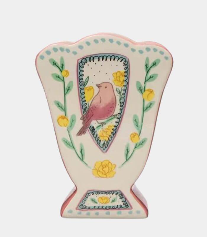 Handcrafted Pastel Bird Motif Fan Vase - Unique Ceramic Home Decor (20.7cm/8.15")