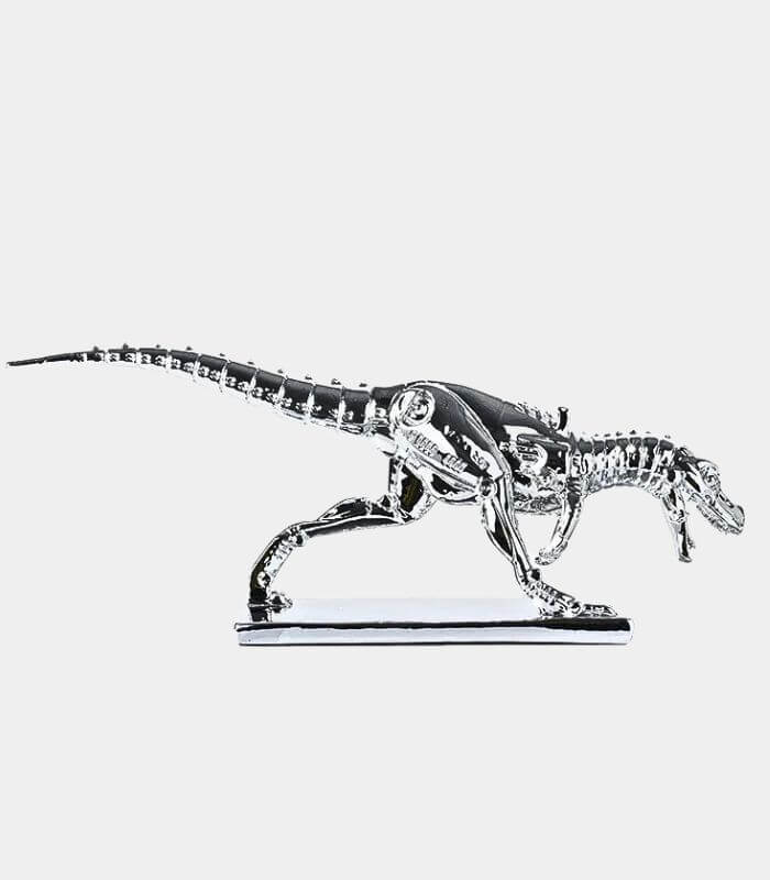 Modern Chrome Dinosaur Skeleton Sculpture - Contemporary T-Rex Art Piece - Home Decor (39cm, Silver Chrome)