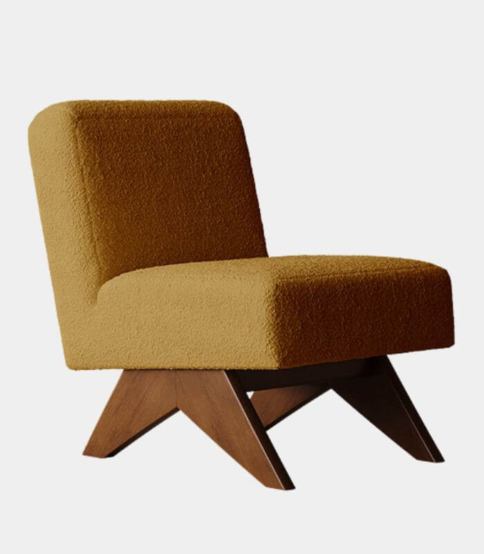 MID-CENTURY MODERN BOUCLE ACCENT CHAIR - BROWN WOOL BLEND FABRIC, SOLID OAK WOOD FRAME