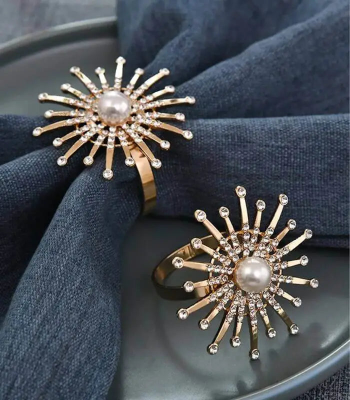 Set of 12 Pearl Sunburst Napkin Rings - Crystal Embedded Dinner Party Table Decor (Gold)