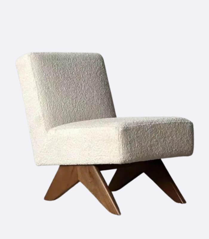 Mid-Century Modern Boucle Accent Chair - Cream Wool Blend Fabric, Solid Oak Wood Frame