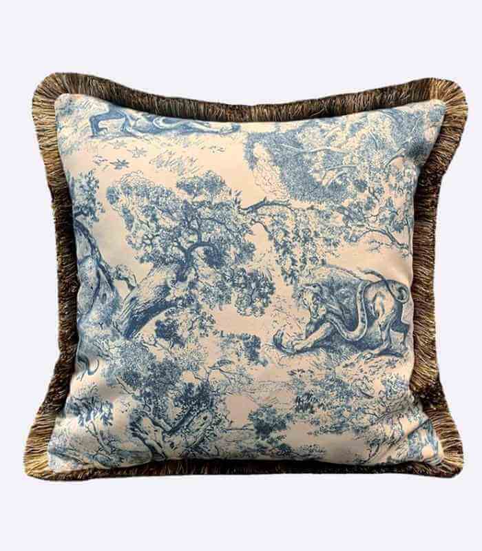Cushion Cover Mythos Woven Blue Print Fringed