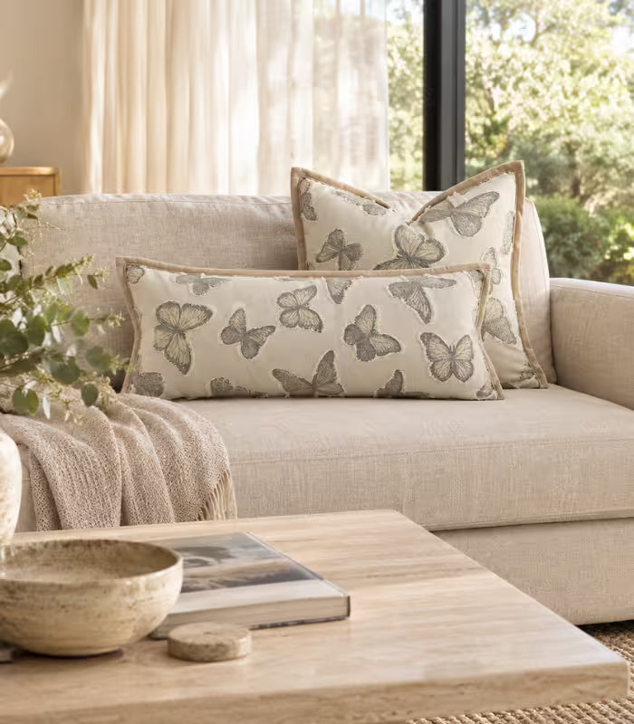 Isadora Woven Jacquard Cushion Cover – Butterfly Motif, Taupe Trim, 3 Sizes