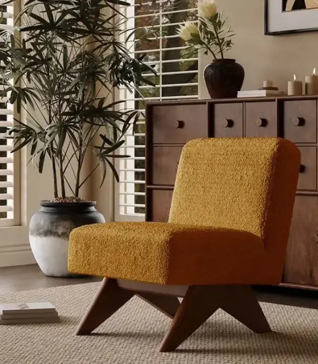 MID-CENTURY MODERN BOUCLE ACCENT CHAIR - BROWN WOOL BLEND FABRIC, SOLID OAK WOOD FRAME