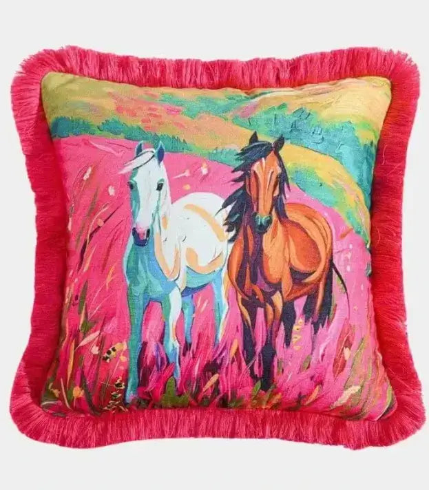 Wild Meadow Horse Cushion Cover Cotton Chenille Pink Multicolour 45x45 cm