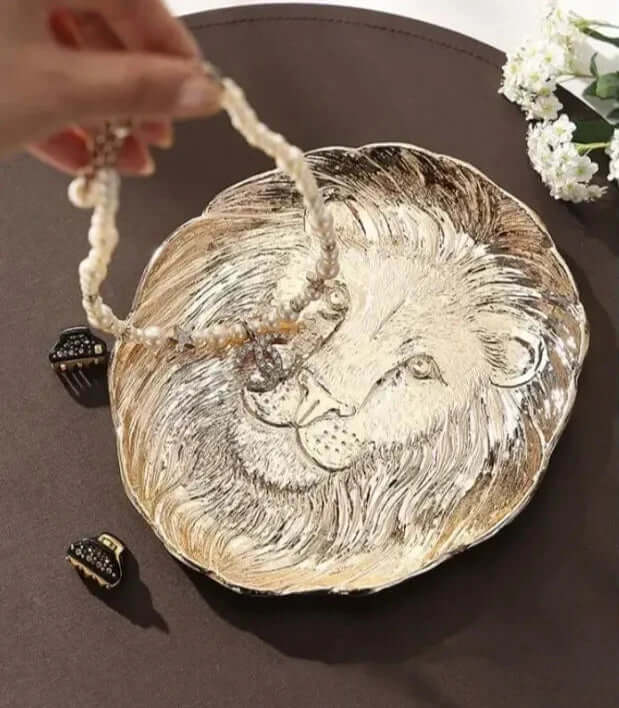 Majestic Lion Embossed Metal Jewelry Tray - Elegant Decorative Catchall Dish