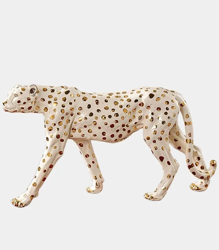 Ceramic Sculpture Leopard Gold White Hand Painted New Large