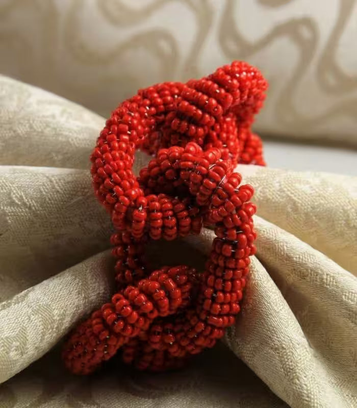 Serpentina Hand-Beaded Napkin Rings, Set of 8 | Coral Red Beaded Decor