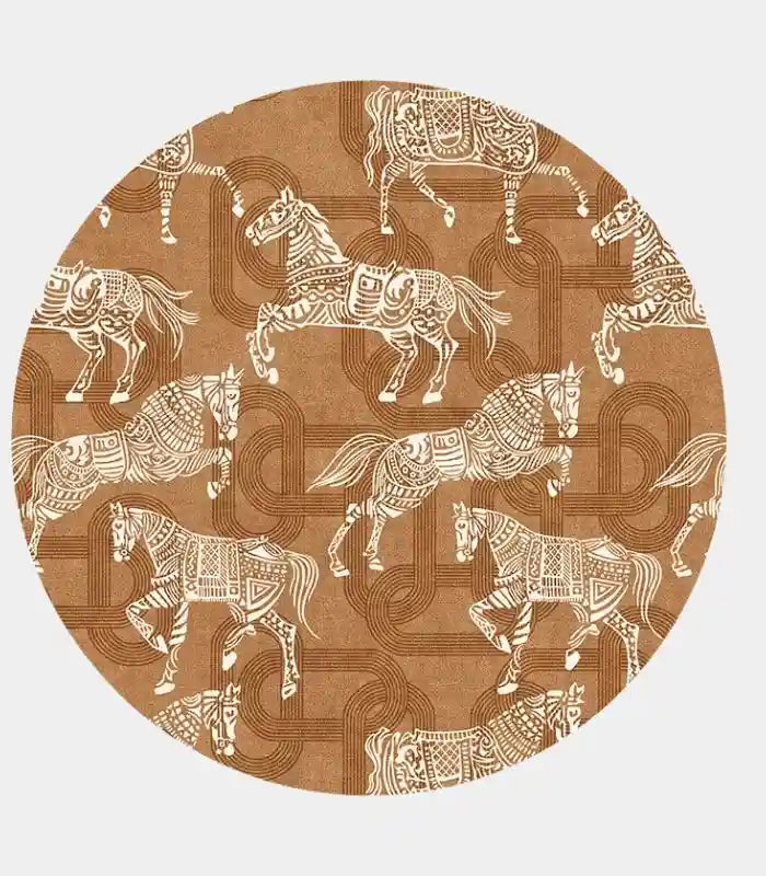 Equestrian Toile Round Rug – Classic Carousel Horse Design Brown