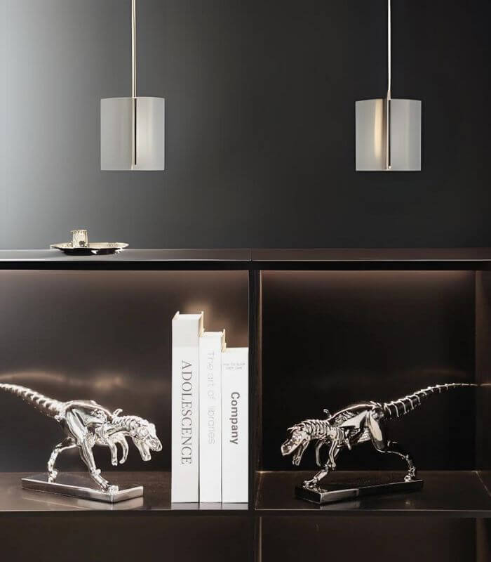 Modern Chrome Dinosaur Skeleton Sculpture - Contemporary T-Rex Art Piece - Home Decor (39cm, Silver Chrome)