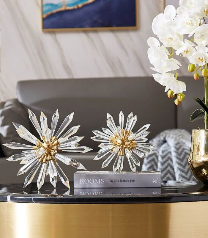 Modern Crystal Sunburst Table Sculpture | Contemporary Gold & Crystal Home Decor Accent Piece | Decorative Art Object