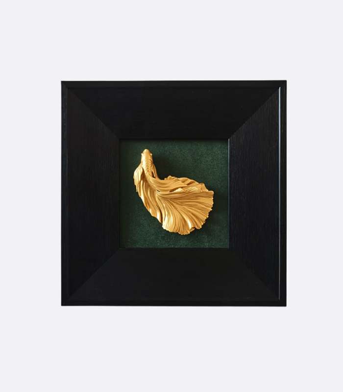 Elegant Betta Fish Wall Art - Hand-Painted Gold Sculpture in Black Wooden Frame (23x23cm)