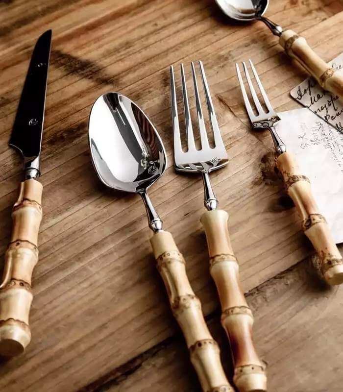 Natural Bamboo Flatware Set 18/10 Stainless Steel with Steak Knives, Bamboo Flatware Set