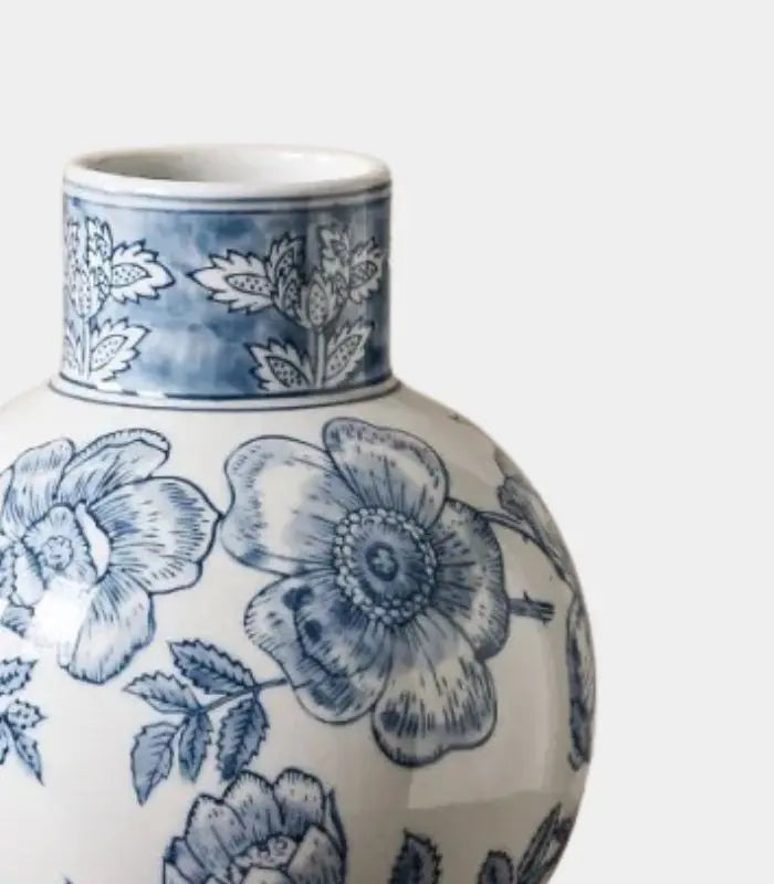 Floriana Blue & White Porcelain Vase – Hand-Decorated Floral Design