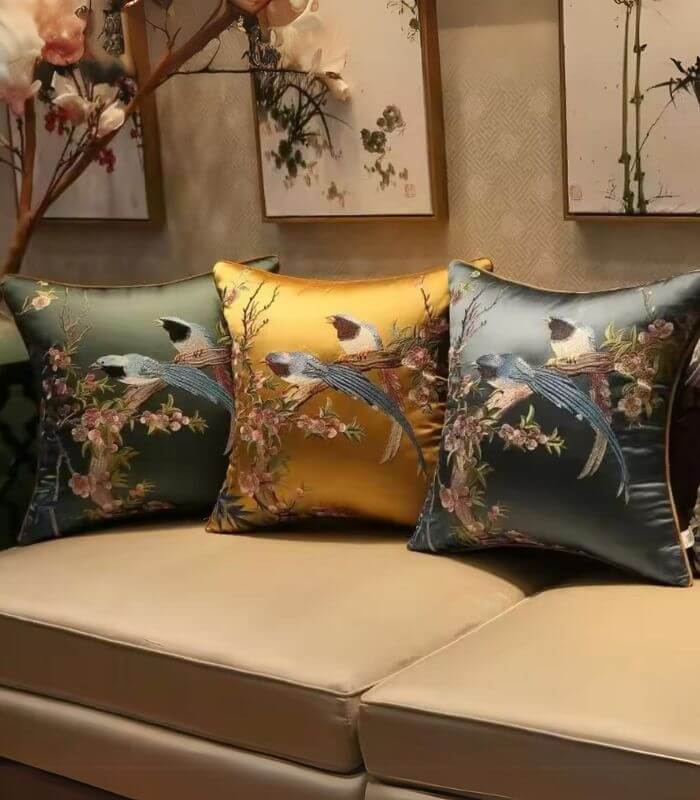 Handcrafted Oriental Bird Silk Satin Cushion Cover Embroidered Decorative Pillow Case 45 cm