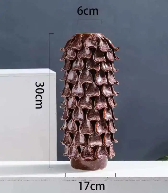 Tabletop Vase Handcrafted Pinecone Porcelain - Burgundy-Brown Textured