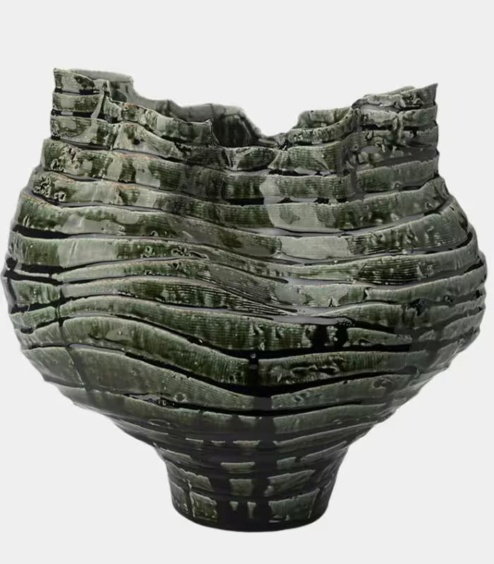 Nairi Large Handmade Ceramic Vase – Mottled Green Ridged Sculptural Vessel, Table or Floor