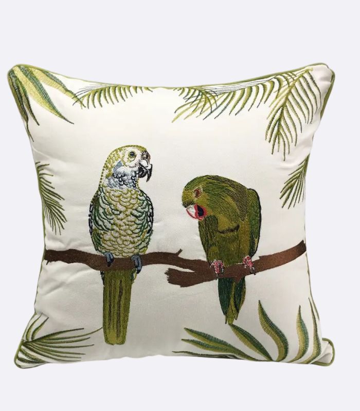 Cushion Cover with Parrots Embroidery Green & White 45x45cm