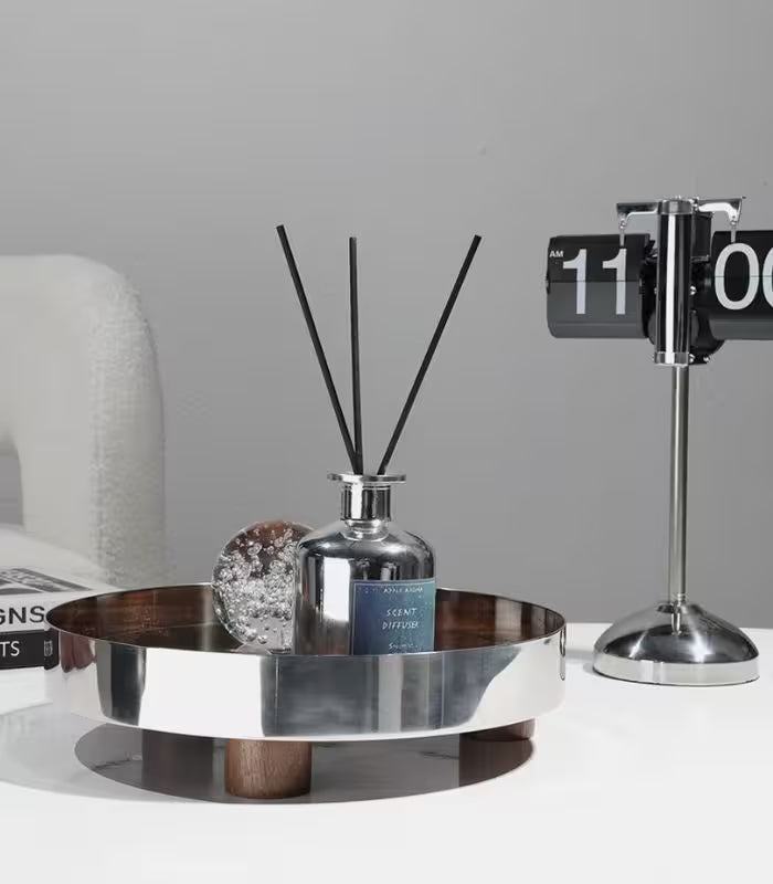 Tray Stainless Steel And Wood Walnut  Silver Brown