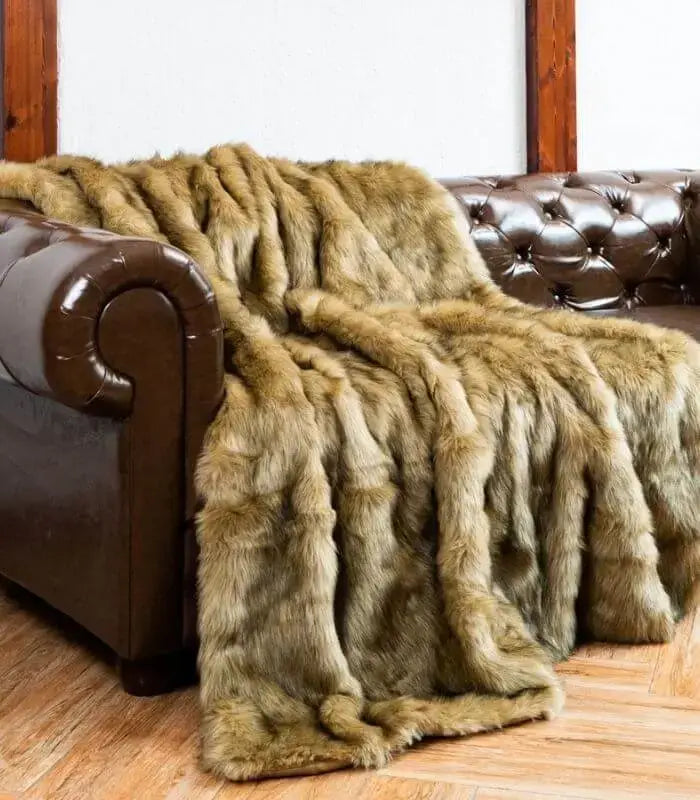 Faux Fur Throw Blanket Soft Thick Ochre Brown