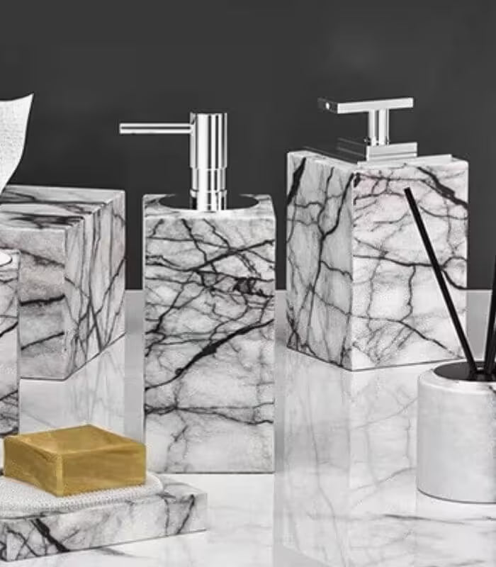 Carrara Marble Soap & Lotion Dispenser Set – Stainless Steel Natural Stone
