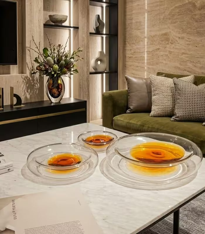 Solstice Handcrafted Glass Bowl – Amber and Clear Two-Tone Decorative Bowl